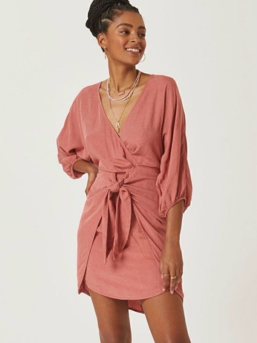 ANTHROPOLOGIE Puff-Sleeve Wrap Mini Dress RUST rose SIZE 6